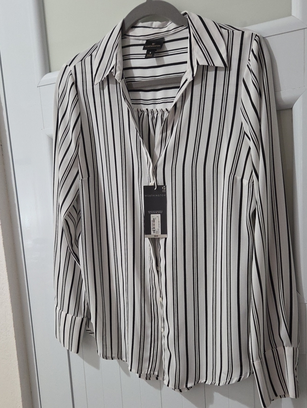 Worthington Black and White Vertical Stripe Button-Front Shirt